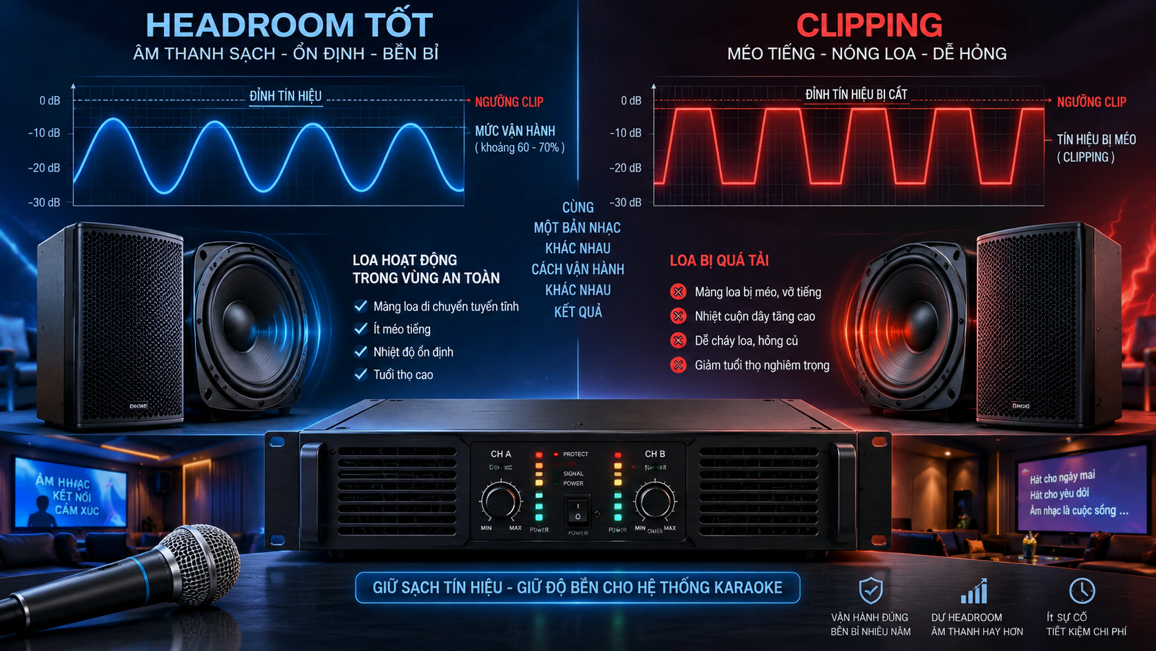 So sánh headroom tốt và clipping trong hệ thống karaoke