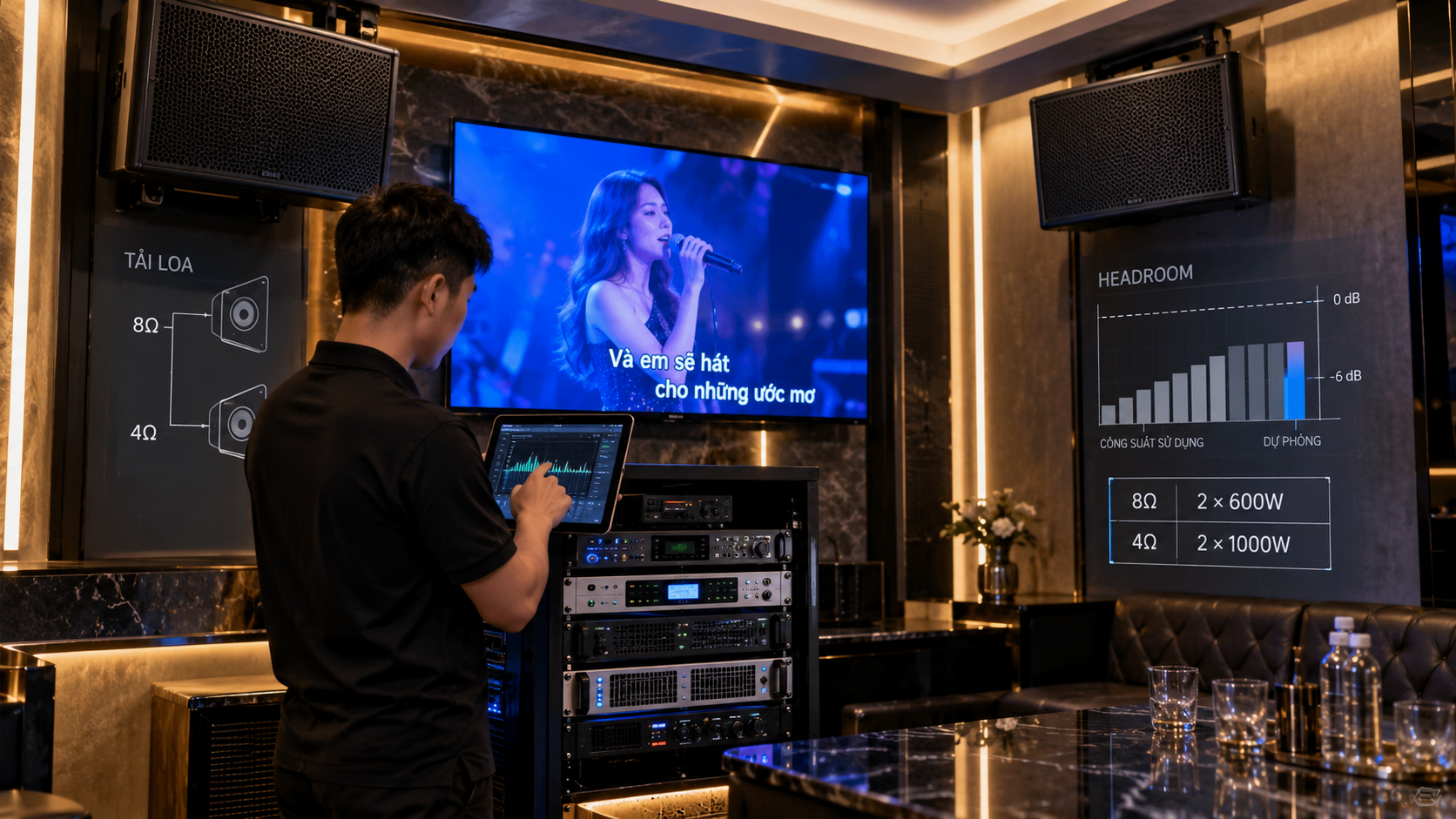 Cục đẩy công suất trong hệ thống karaoke với headroom và tải loa thực tế