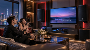 Phòng karaoke thực tế với micro và hệ thống âm thanh được cân chỉnh để hạn chế hú rít