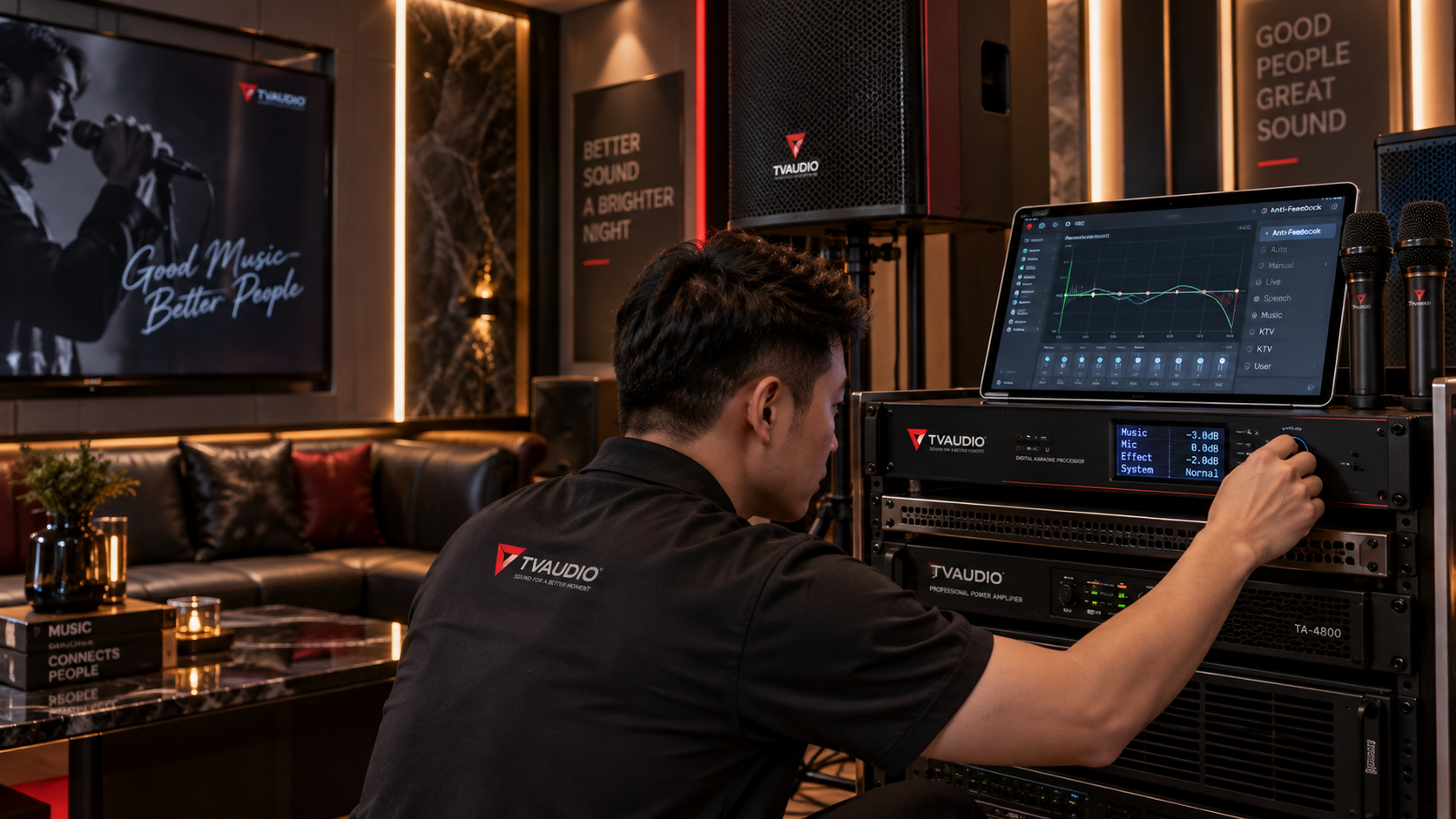 Kỹ thuật viên TVAUDIO tinh chỉnh vang số và hệ thống karaoke